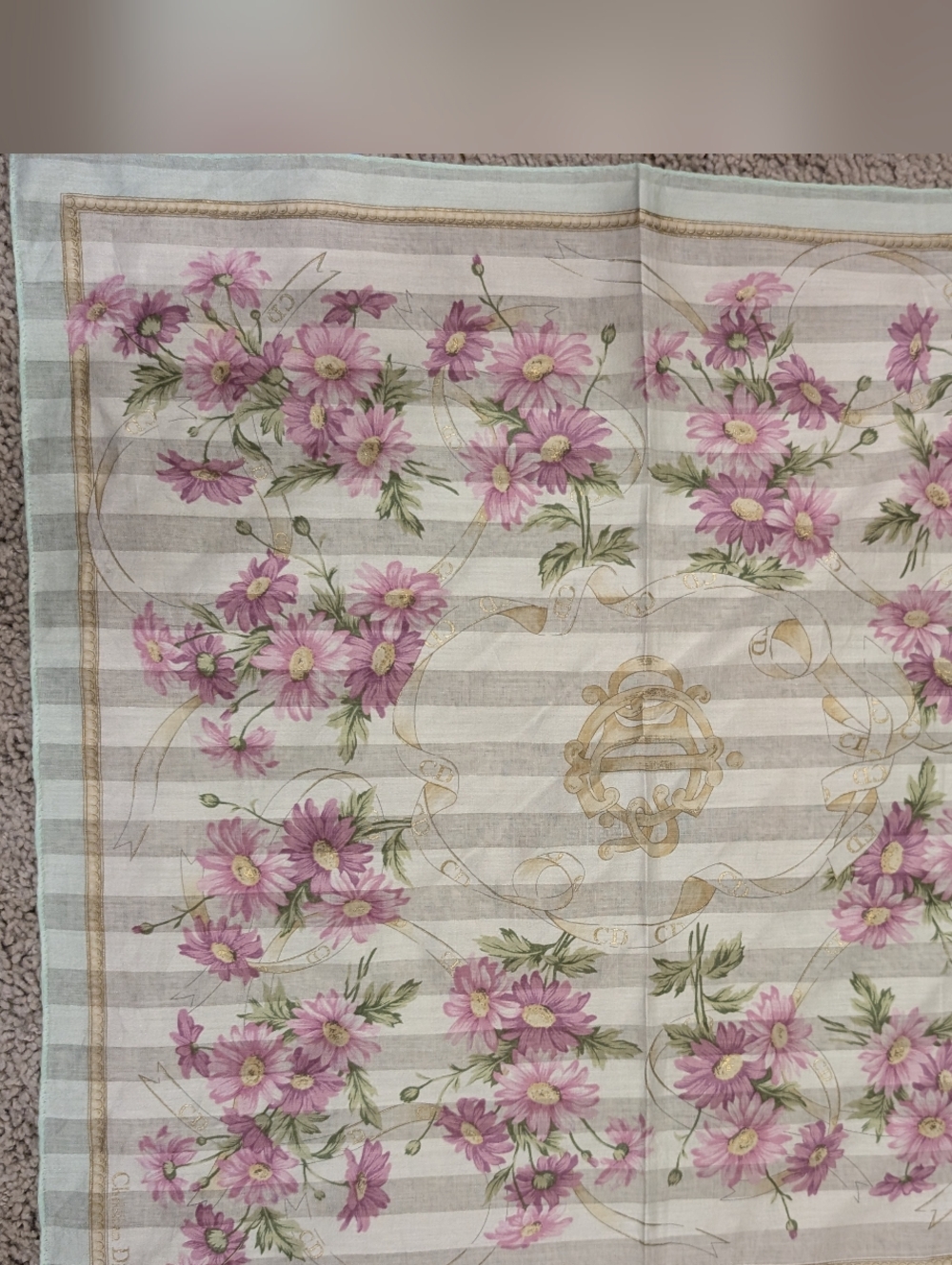 Christian Dior Floral Pink & Cream Striped Scarf